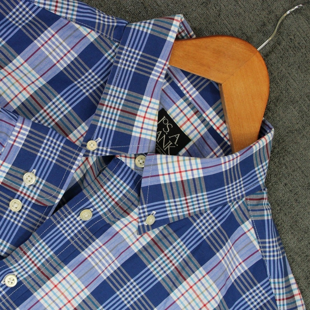 Jos A Bank Travelers Collection Mens Blue Plaid Button Down Shirt Large Cotton